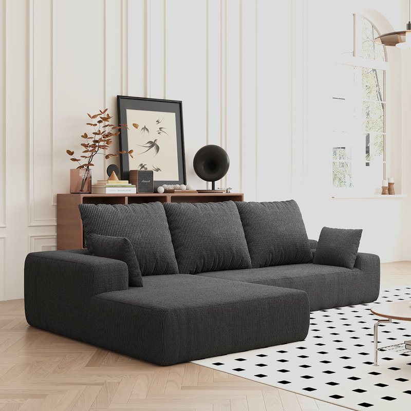 Boneless L-shaped Modular Foam-filled with Spring Support Simple Living Room Sofa, Gray Corduroy