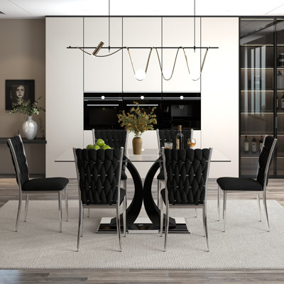 Modern Glass Dining Set, Silver Metal Base & 4/6 Velvet Chairs for Kitchen, Dining