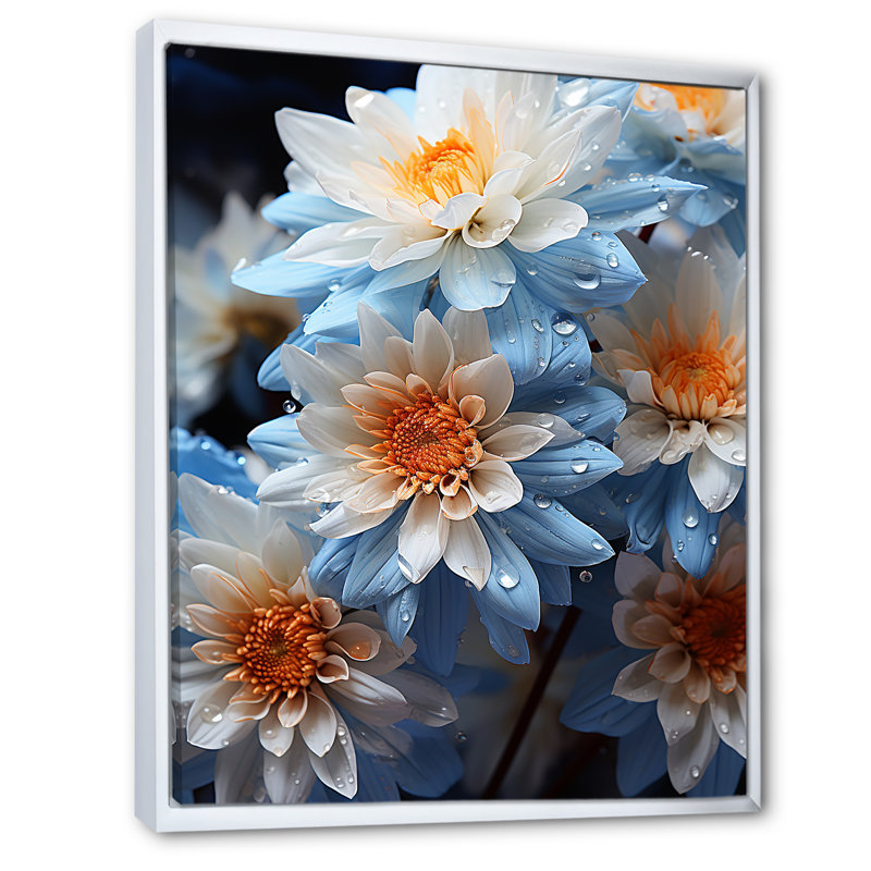 «Blue and White Daisy Bloom Serenade», reproduction sur toile, Cadre flottant blanc, H 40 po x l 30 po x P 1,5 po