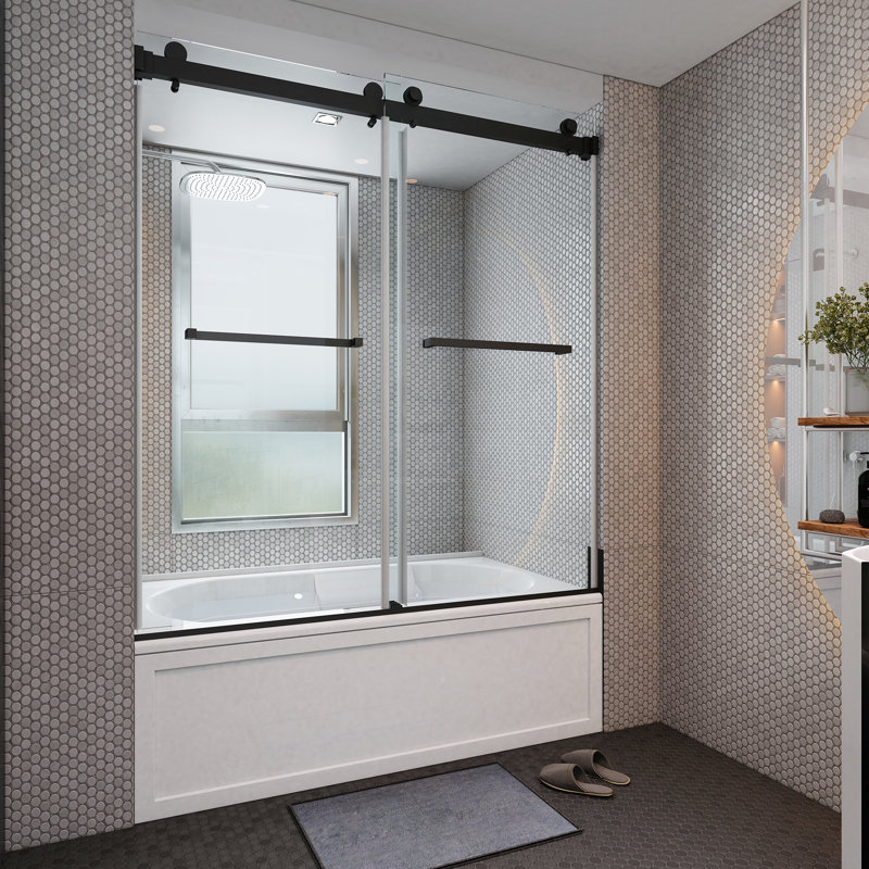 60" W x 66" H Double Sliding Tub Door with 10 MM Clear Tempered Glass , Black
