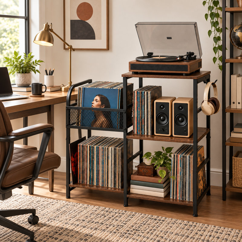 Support pour platine vinyle avec rangement pour jusqu'à 300 disques, présentoir à disques, étagère pour haut-parleur et crochet pour casque, brun rustique