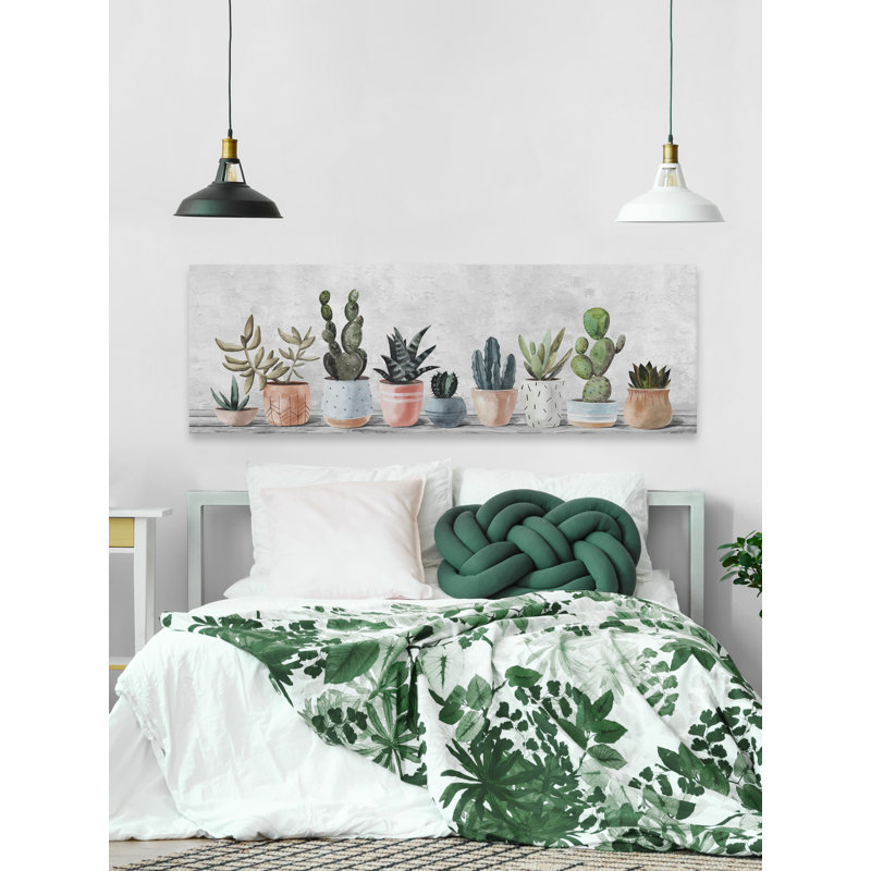 Pots alignés sur toile tendue, H 15 po x l 45 po x P 1,5 po