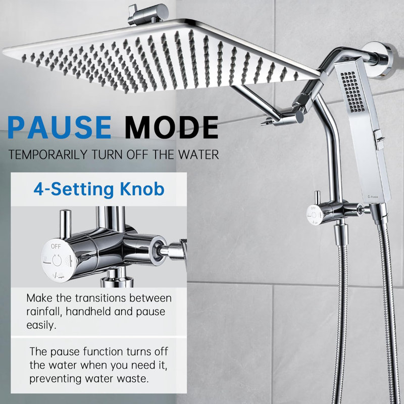14 Inches Rain Shower Head, 3-Way Diverter With Pause Setting,Adjustable Extension Arm, Chrome
