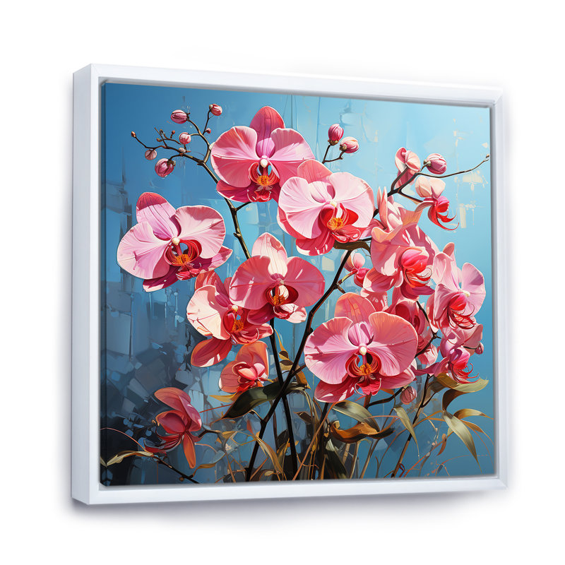 Orchidées roses néon sur toile, H 16 po x l 16 po x P 1 po, Cadre flottant blanc