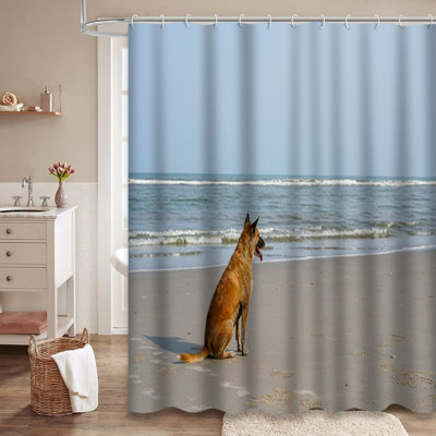 Dog Waiting Beach Adorable Blue Brown Shower Curtain with 12 Hooks
