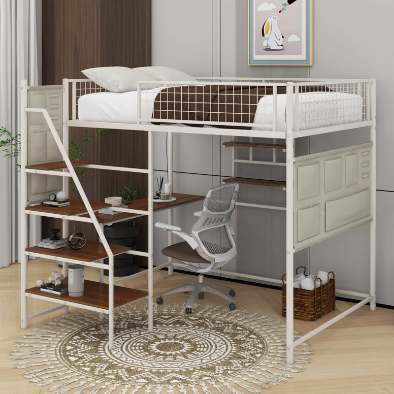 Full Size Loft Metal Bed With Built-In Charging Station And LED Light, White