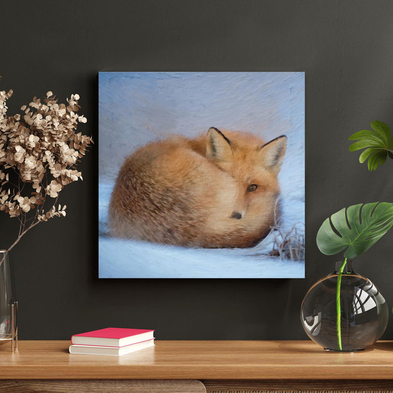 Renard couché sur la neige - 1 pièce, impression carrée sur toile tendue, H 32 po x l 32 po x P 2 po