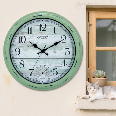 Grande horloge intérieure d'intérieur de 16 pouces, grande horloge murale imperméable avec thermomètre, décoration silencieuse à piles pour le patio, la piscine, le porche, le jardin, le jardin, rétro, vert