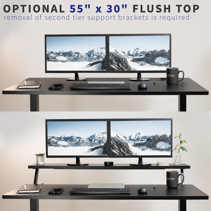 VIVO Dual Tier Manual Adjustable 55'' Black Standing Desk with Keyboard Tray