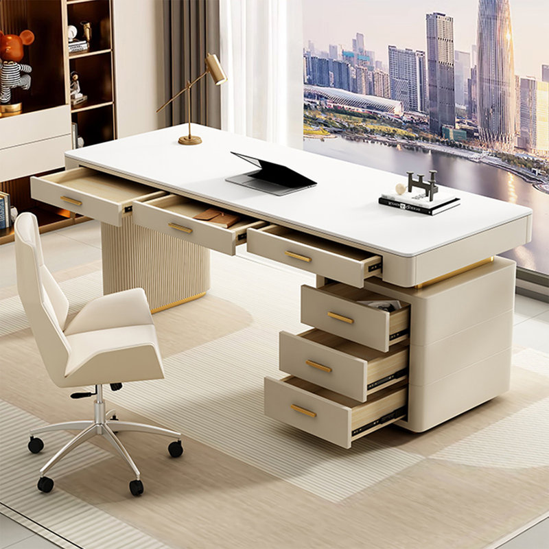 Bureau de direction blanc rectangulaire en pierre frittée avec tiroirs, H 29,53 po x l 55,12 po x P 27,56 po, Retour à droite
