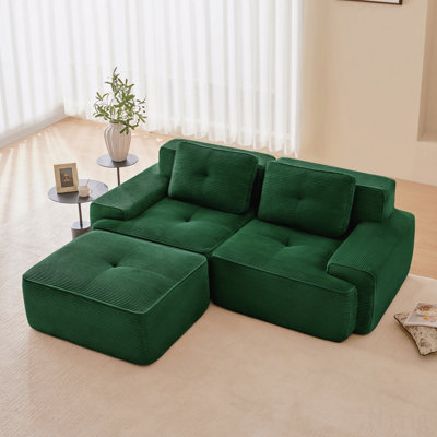 L-Shaped Sofa  For Entertaining Guests 82" Modern L-Shaped Modular Sectional Sofa For Living Room, Corduroy Fabric, 2-Seater Couch With Deep Seat And Movable Ottoman, Pearl-Like Piping, Tufted Design, No Assembly, Anti-Slip Design​, Green