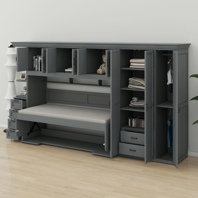 Lit escamotable multifonctionnel avec garde-robe, bureau et armoire, Gris