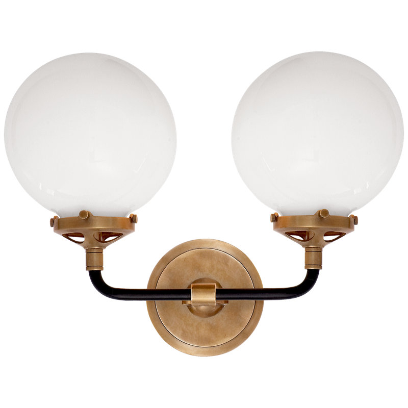 Ian K. Fowler Bistro Double Light Curved Sconce, White, Hand-Rubbed Antique Brass/Black