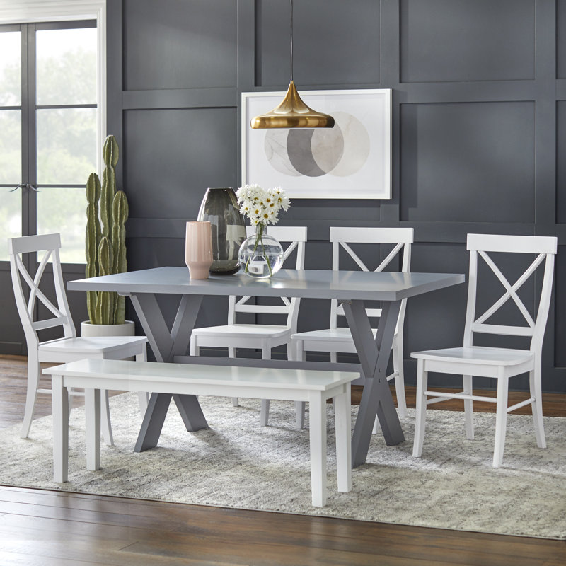 Ensemble repas pour 6 personnes Bengte, 6 (1 table + 4 chaises + 1 banc), Gris, Blanc