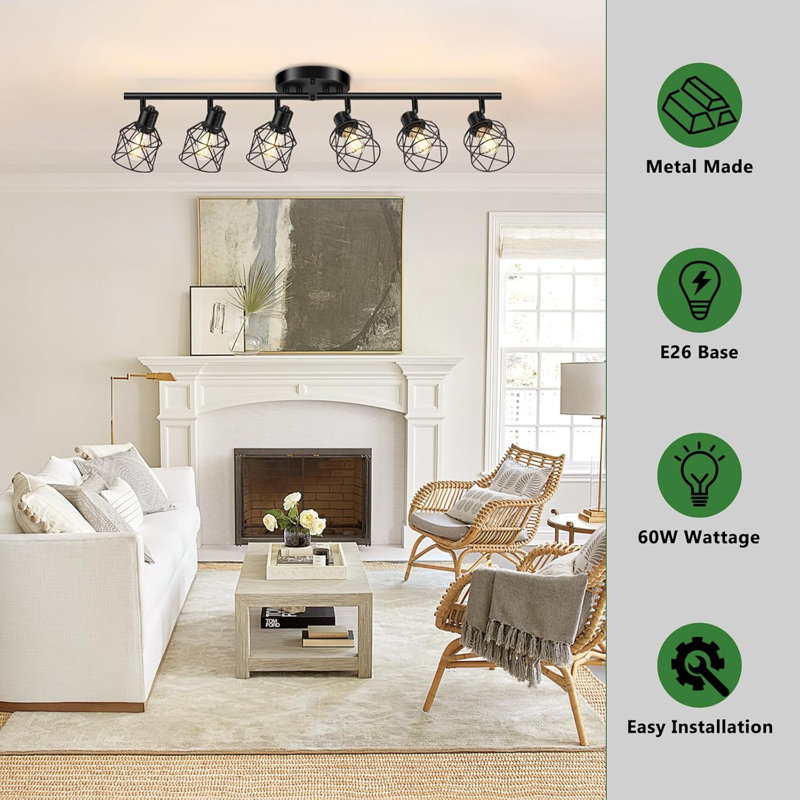 6-Light Black Semi Flush Mount, Rotatable Track Lighting Kit with Wire Cages