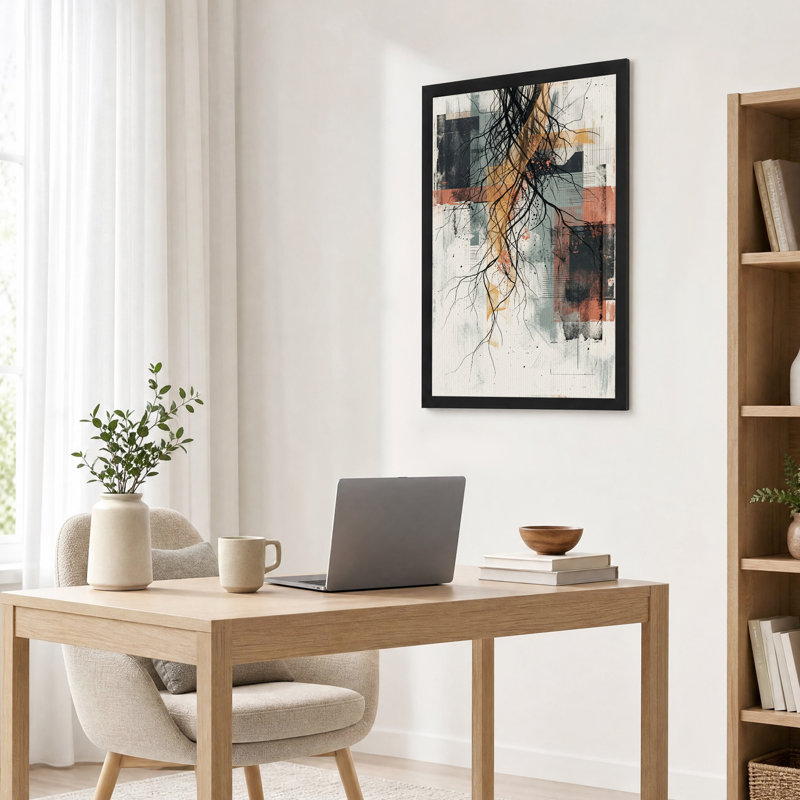 Racines noires enchevêtrées sur toile murale à blocs géométriques rouille et gris, H 36 po x l 24 po