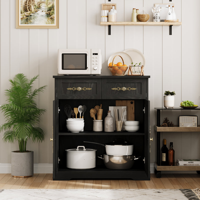 Buffet Farmhouse de 33,5 pouces de largeur, armoire à café avec 4 tiroirs, 2 portes d'armoire et poignées élégantes en or