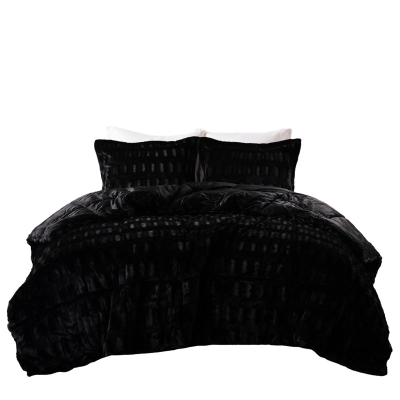 3 pièces d'édredon en fausse fourrure de couleur unie noir très grand / très doux, envers en vison doux, lavable à la machine, mini cousu bout à bout, noir, cousu, lavable