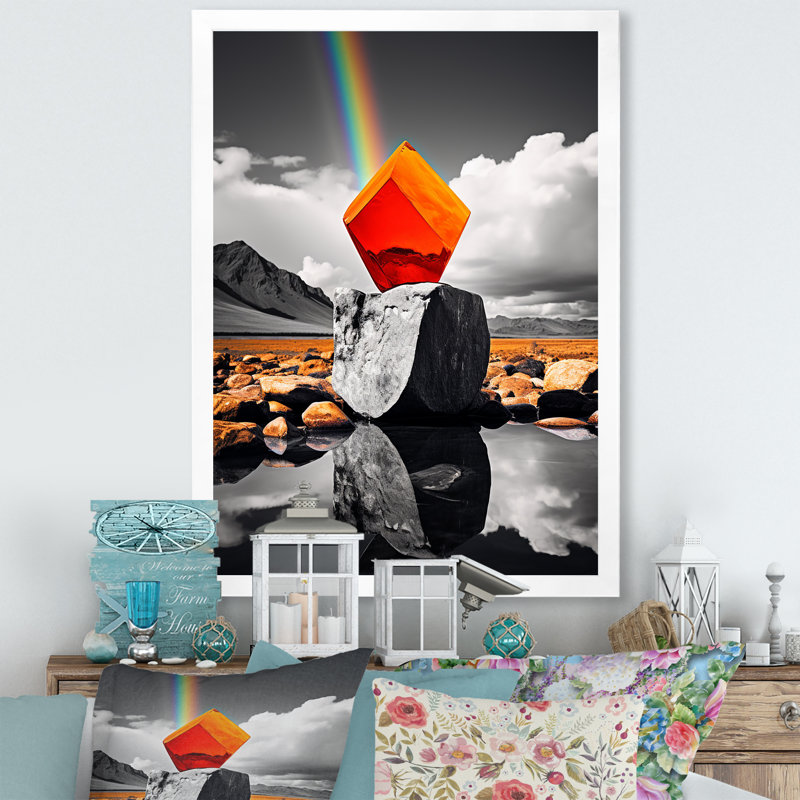 Paysage monochromatique et prisme orange - reproduction sur toile, H 20 po x l 12 po x P 1 po, Cadre photo blanc