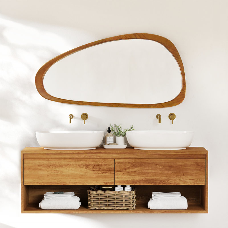 Asymmetrical Wall Mirror - Solid Wood Accent Mirror Sculptural Boho 48"L x 24"W