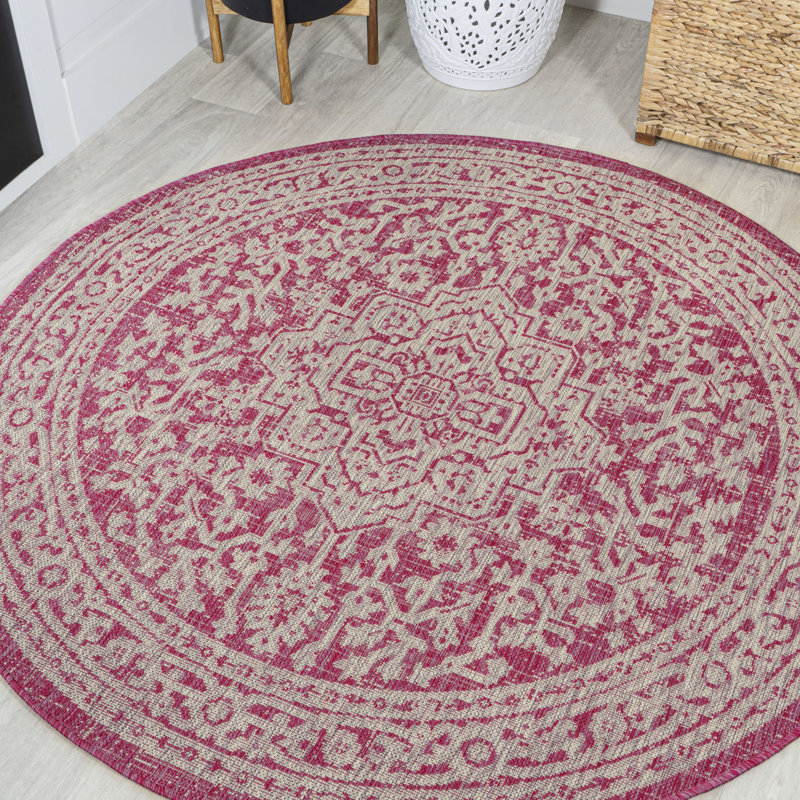 Aaleayah Medallion Textured Weave Fuchsia/Light Gray Indoor/Outdoor Rug, Round 5'3"