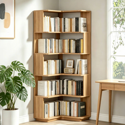 5-Tier L-Shaped Corner Bookshelf, Freestanding Wood Corner Storage Shelf with Anti-Fall Baffles