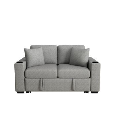  60 Inch Modern Loveseat Pull-Out Sofa Bed with USB Ports and Cup Holders, Gray Chenille