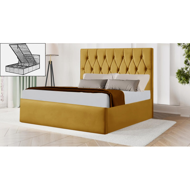 Upholstered Ottoman Storage Bed, Small Double (4'), Yellow Mustard