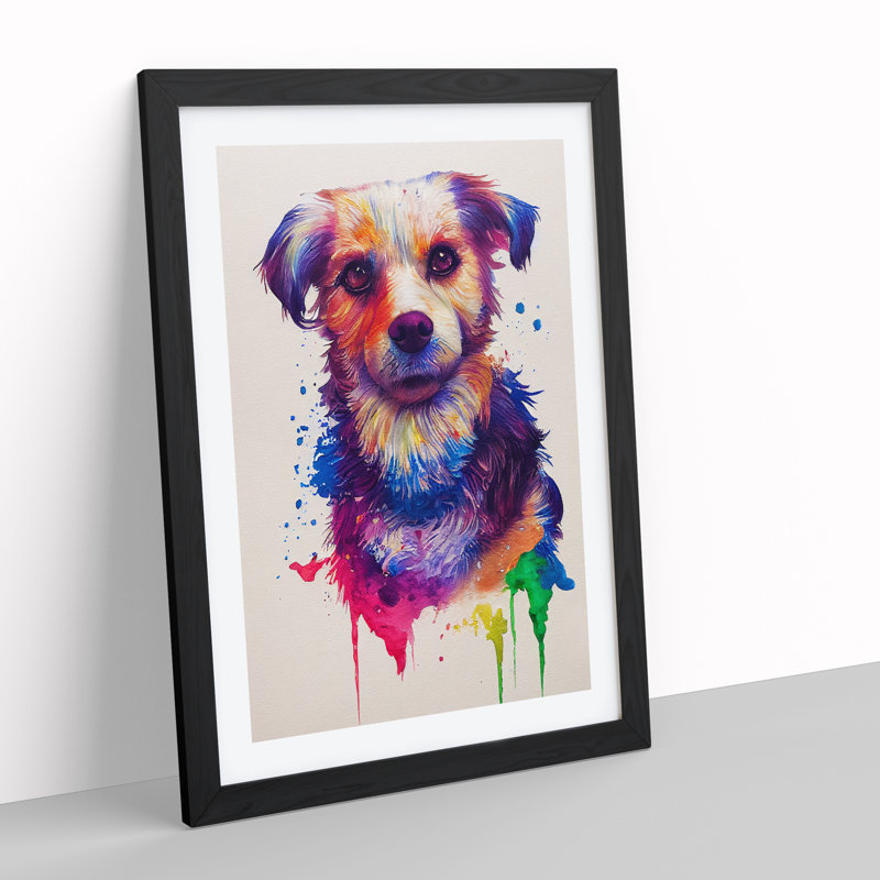 Colourful Dog Painted - Painting, 66cm H x 48cm W x 2cm D, Black Framed, White