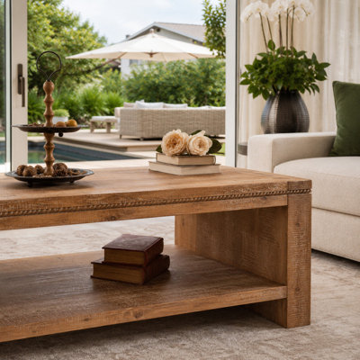47.24" Rustic 2-Tier Rectangle Coffee Table - Solid Wood & MDF Farmhouse Coffee Table with Open Storage Shelf for Living Room/Apartment, Natural Wood