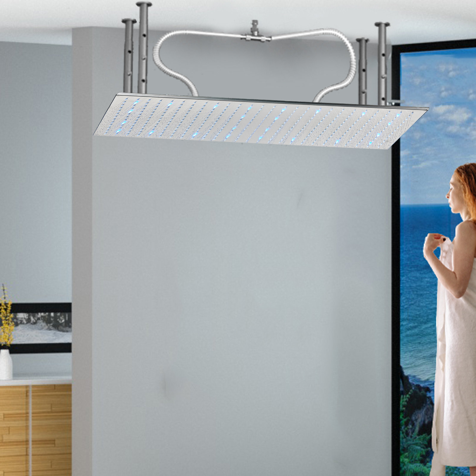 AlenArtWater LED Luxury Large Ceiling Rectangle Rainfall Shower Head ...