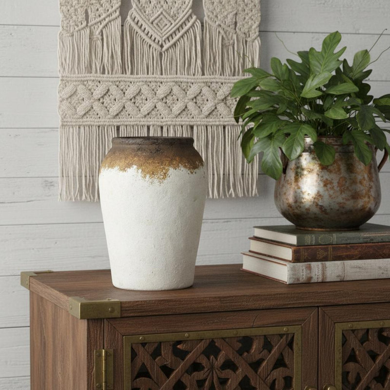 Vase rond en céramique 10 "brun et blanc