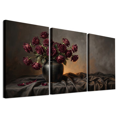 "Deep Red Roses" dans un vase foncé sur tissu tendu, ensemble de 3 toiles