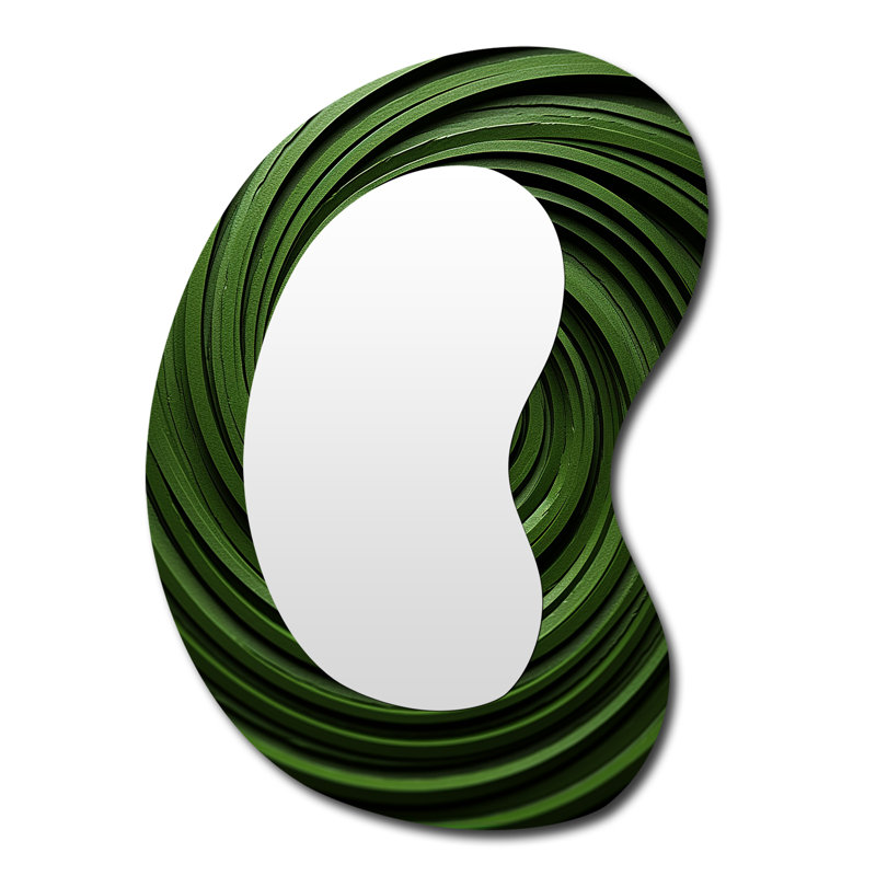 Erinna abstrait vert spirale apaisante - grand miroir mural asymétrique géométrique, miroir décoratif de forme unique vert, impression sur métal
