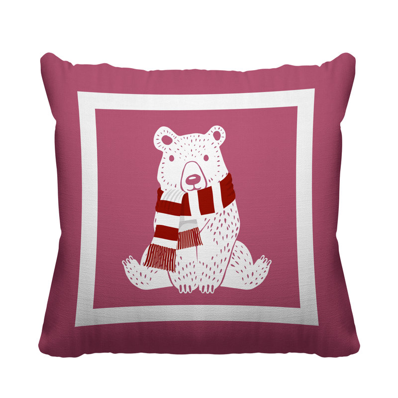Coussin intérieur / extérieur Folk Christmas Bear, L 19 po x H 19 po, Rose