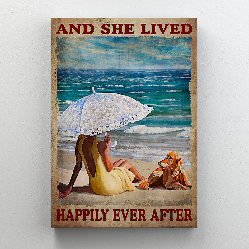 «Girl On The Beach - And She Lived Happily Ever After», reproduction d'art graphique sur toile tendue 1 pièce