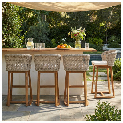 4-Piece Outdoor Acacia Wood Bar Stool Set, Teak Finish with Beige Cushions