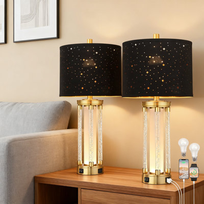 Table Lamps Set Of 2 With Usb A+C Charging Ports, Modern Bedside Lamps With Night Light, Star Hollow Shade Design For Bedroom, Office And Living Room