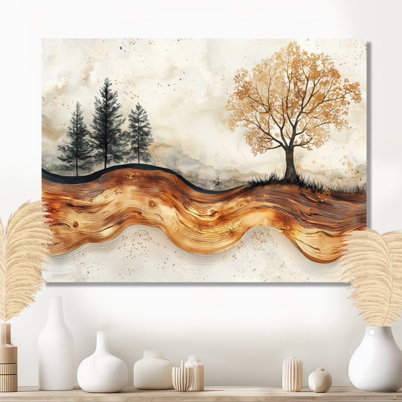 Automne, arbres sur un plateau en bois, impression murale en métal, H 24 po x l 32 po