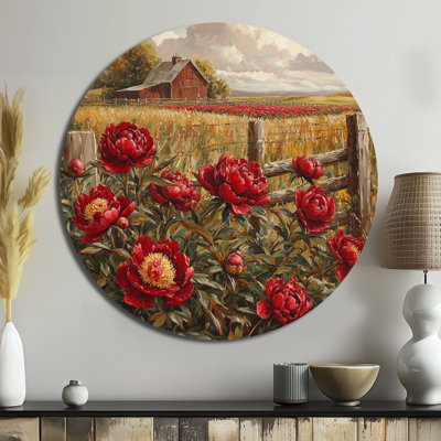 Pivoines rouges rétro par la grange II - art mural traditionnel rouge en métal, pivoines rondes, impressions sur métal