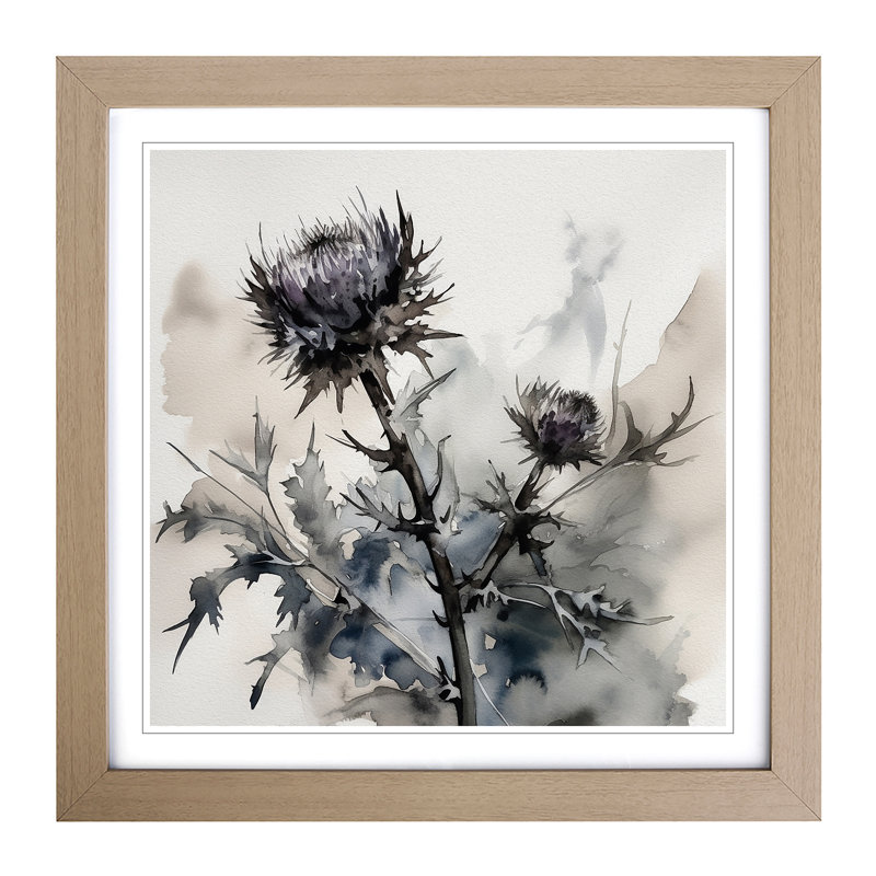 Thistle Ink Wash No.1 - Framed Print, Oak
