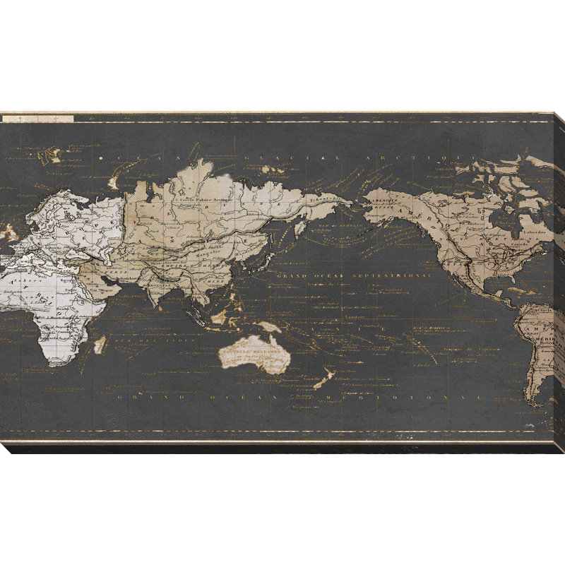 «World Map in Gold and Gray», impression, H 18 po x l 30 po, Toile tendue, Sans cadre