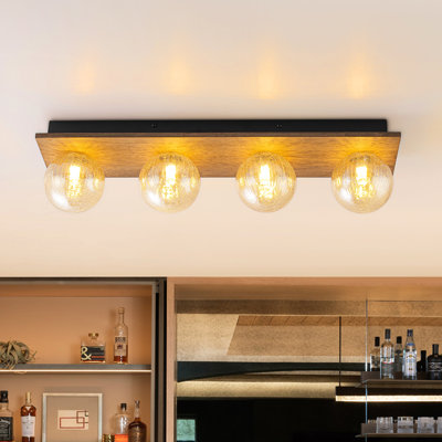 4 - Light Wood Rectangle Semi Flush Mount With Crackled Glass