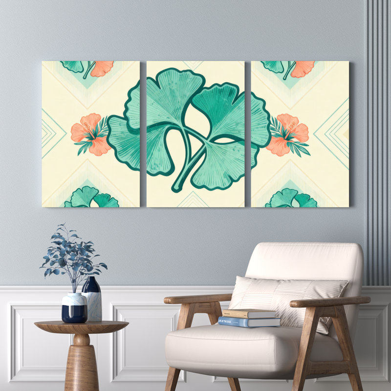Feuille de ginkgo et art floral sur toile, ensemble botanique rétro (ensemble de 3), H 36 po x l 72 po