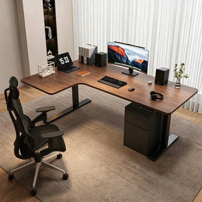 Bureau d'étude de style Mid-Century, 180 cm (70,87 po), en bois massif multicouche avec support transversal en acier au carbone et caisson à tiroirs suspendu – Table d'ordinateur pour bureau à domicile