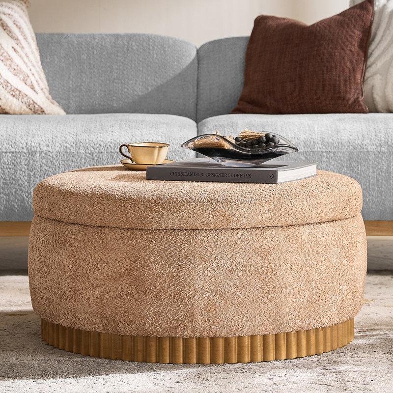 Lessman Modern 35"W Solid Wood Full Assembly Cocktail Storage Round Ottoman With Reversible Tray Top, Sand