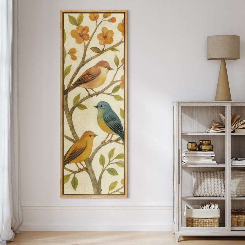 «Songbirds on Flowering Branches» - reproduction d'art sur toile encadrée, H 60 po x l 20 po x P 1,5 po, Naturel
