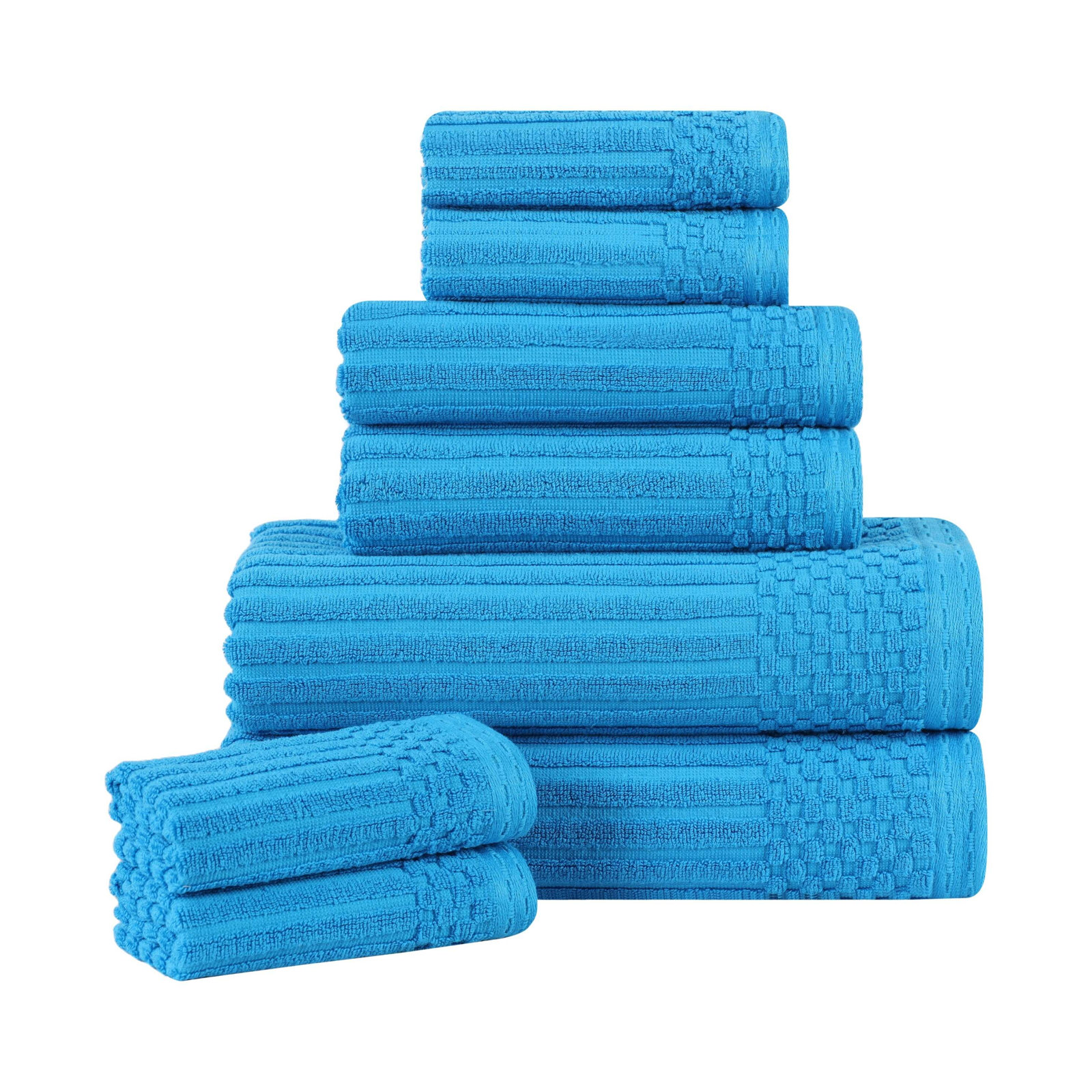 8-Piece Checkered Border Cotton Towel Set, Sky Blue, 8 Piece Towel set (2-bath, 3-hand, 3-face)