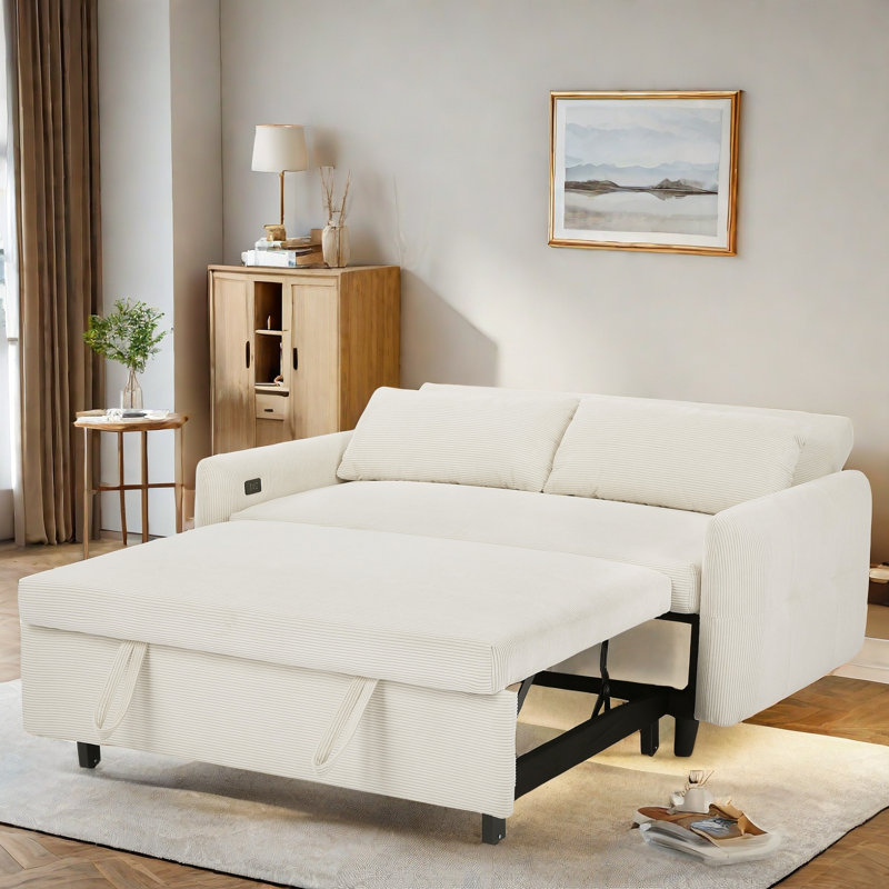 Canapé convertible Hierius avec deux coussins décoratifs, ports USB et dossier réglable, Beige