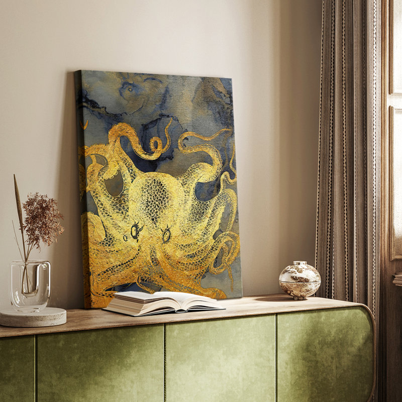 Pieuvre encre dorée et bleue II - galerie Cavas sur mesure, H 27 po x l 18 po